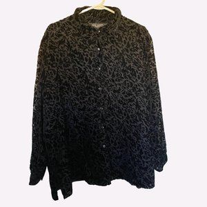 Black Anne Carson Velvet Button-Down Blouse, Size 2X